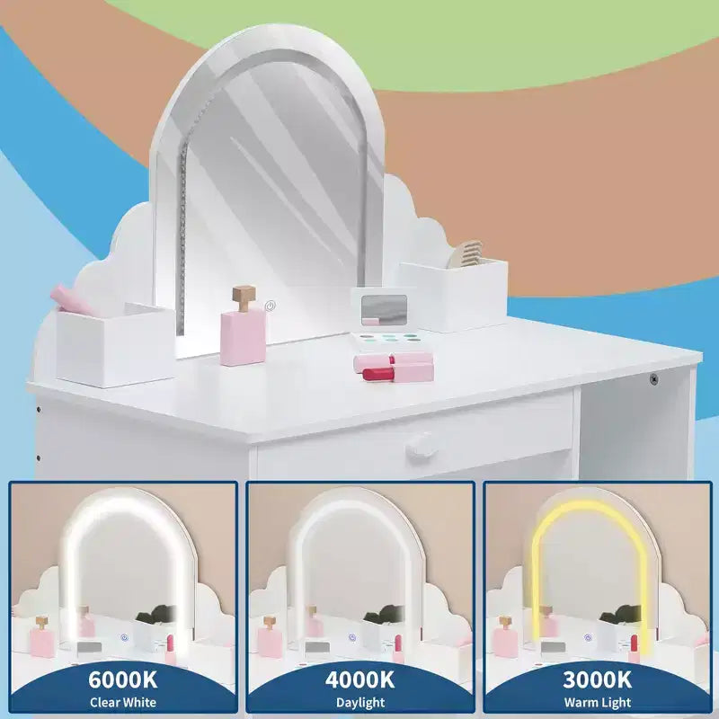 Set toeletta e sgabello per bambini con specchio illuminato, cassetto e ripiani aperti per bambine dai 3 anni in su