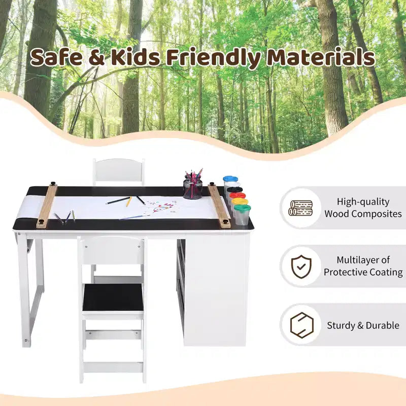 Set tavolo e sedie in legno per bambini con contenitore