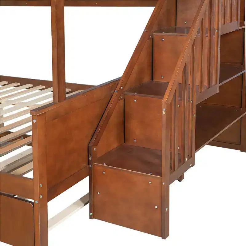 Letto a castello Full XL sopra Queen con letto estraibile, ripiani, scala e luce