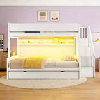 Letto a castello Full XL sopra Queen con letto estraibile, ripiani, scala e luce