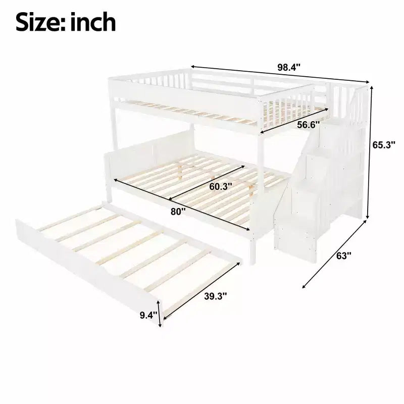 Letto a castello Full XL sopra Queen con letto estraibile, ripiani, scala e luce