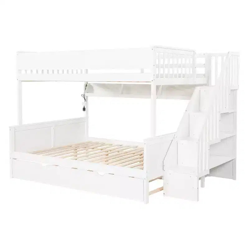 Letto a castello Full XL sopra Queen con letto estraibile, ripiani, scala e luce
