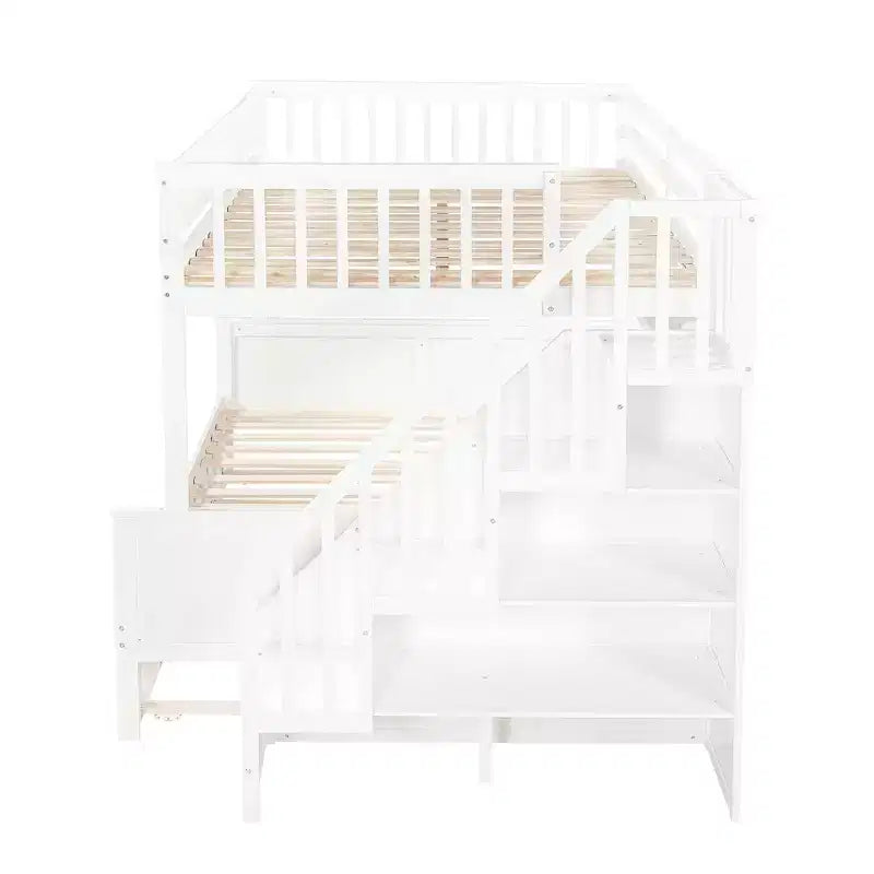 Letto a castello Full XL sopra Queen con letto estraibile, ripiani, scala e luce