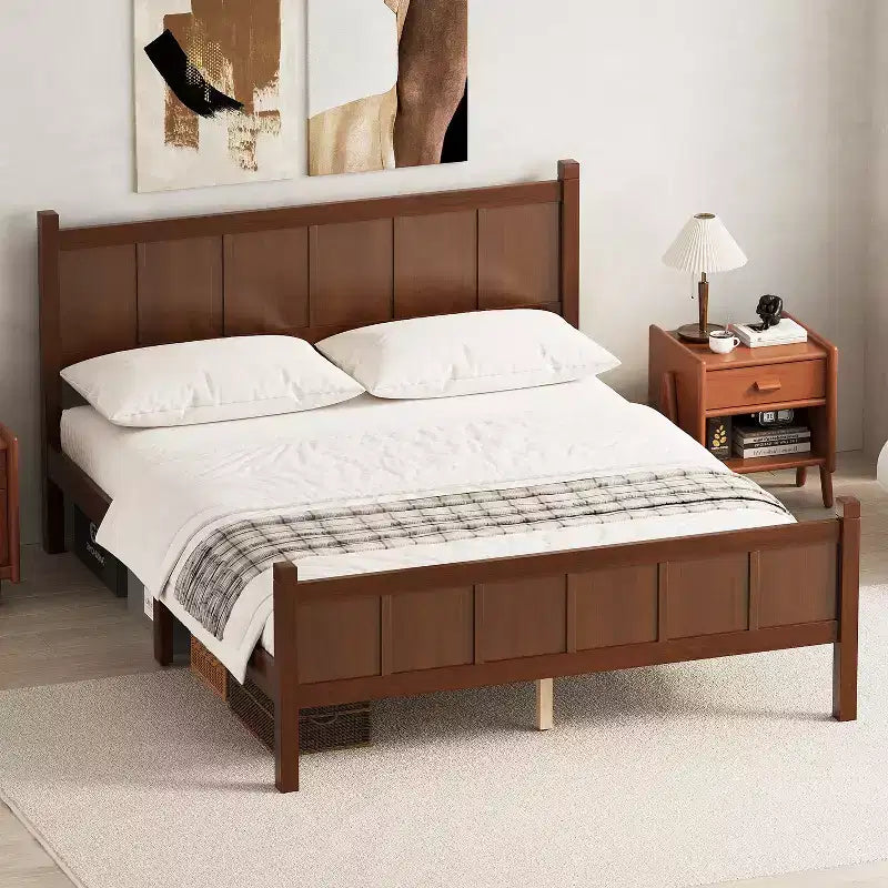 Letto a piattaforma Queen con pannello piatto, testiera e pediera – Grana del legno Noce scuro