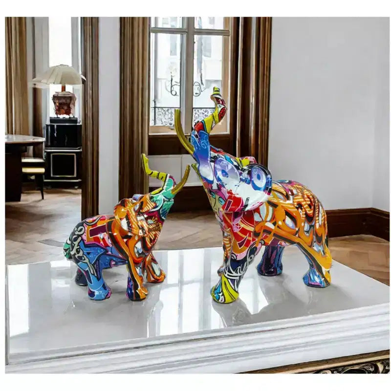 Statuetta di Elefante in Resina Colorata, Stampa a Trasferimento d'Acqua, Decorazione Domestica