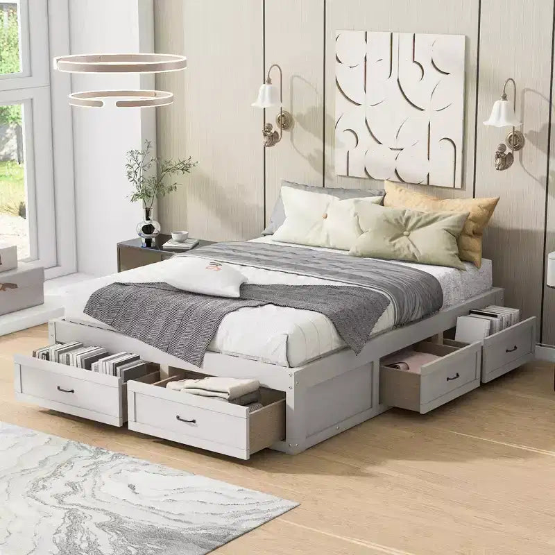 Letto a piattaforma matrimoniale in legno con 6 cassetti contenitore