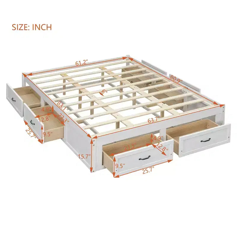 Letto a piattaforma matrimoniale in legno con 6 cassetti contenitore