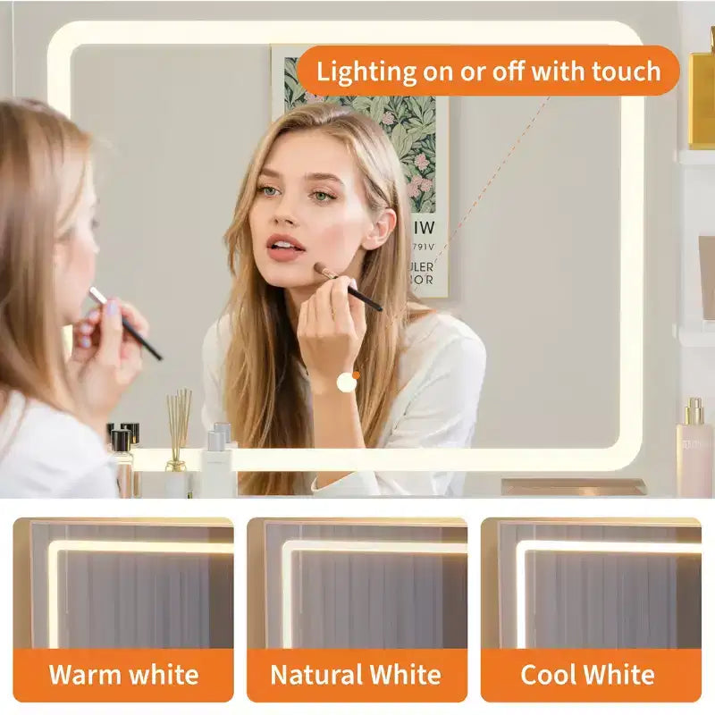 Toeletta Trucco da 31,5" con Specchio Illuminato, Sgabello, Presa di Corrente e Porta Asciugacapelli