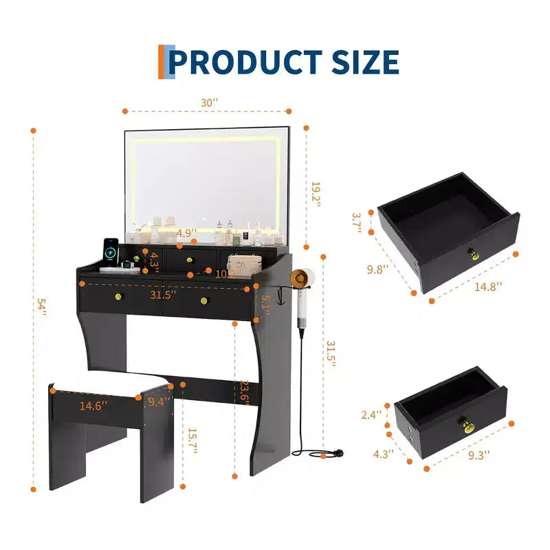 Toeletta Trucco da 31,5" con Specchio Illuminato, Sgabello, Presa di Corrente e Porta Asciugacapelli