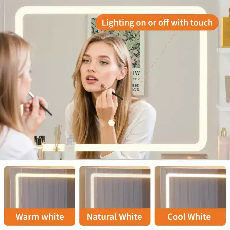 Toeletta Trucco da 31,5" con Specchio Illuminato, Sgabello, Presa di Corrente e Porta Asciugacapelli