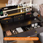 Toeletta Trucco da 31,5" con Specchio Illuminato, Sgabello, Presa di Corrente e Porta Asciugacapelli