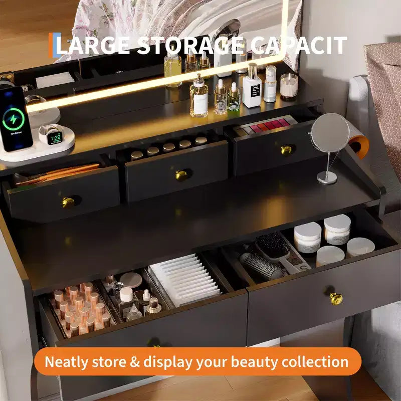 Toeletta Trucco da 31,5" con Specchio Illuminato, Sgabello, Presa di Corrente e Porta Asciugacapelli