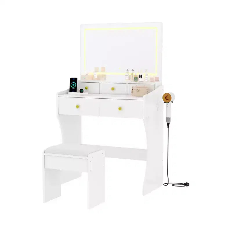 Toeletta Trucco da 31,5" con Specchio Illuminato, Sgabello, Presa di Corrente e Porta Asciugacapelli