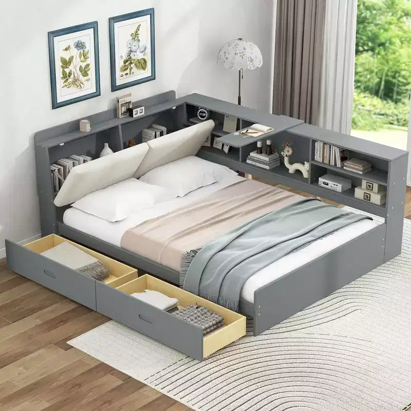 Letto a piattaforma matrimoniale con testiera contenitore, ripiani e 2 cassetti
