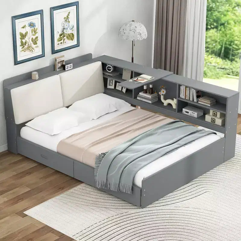 Letto a piattaforma matrimoniale con testiera contenitore, ripiani e 2 cassetti