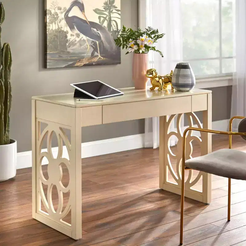 Scrivania con cassetto e gambe con pannello floreale – Bianco Antico, 111,76 cm di larghezza