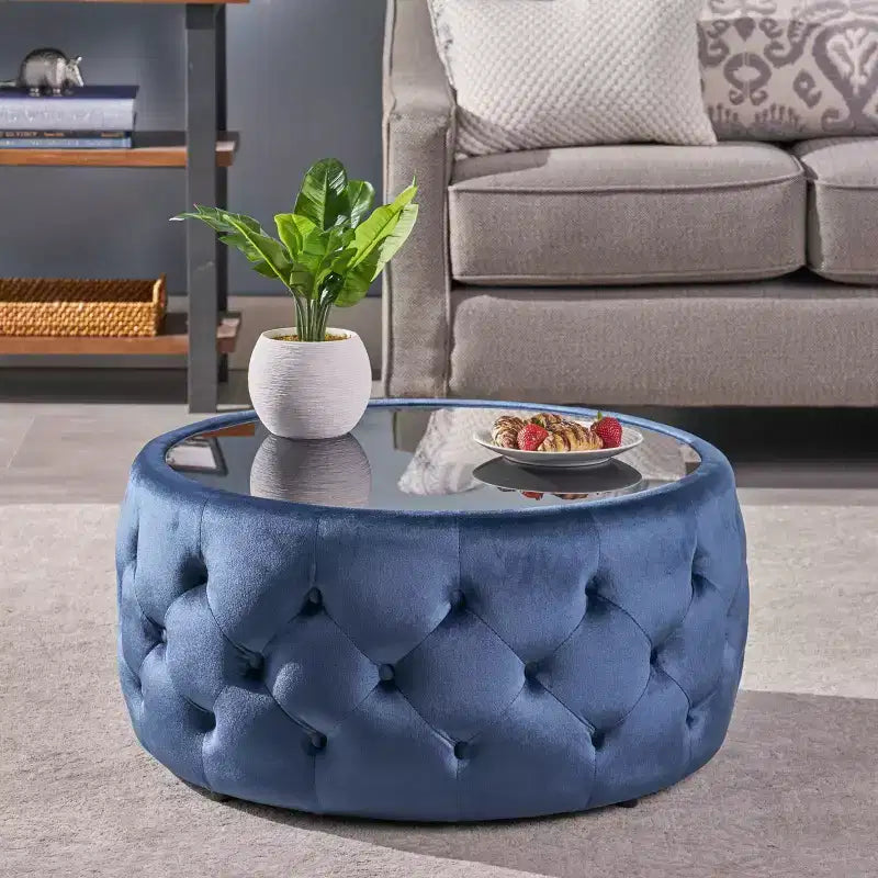 Pouf Tavolino Rotondo Glam – Velluto Blu con Piano in Vetro Temperato