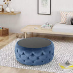 Pouf Tavolino Rotondo Glam – Velluto Blu con Piano in Vetro Temperato