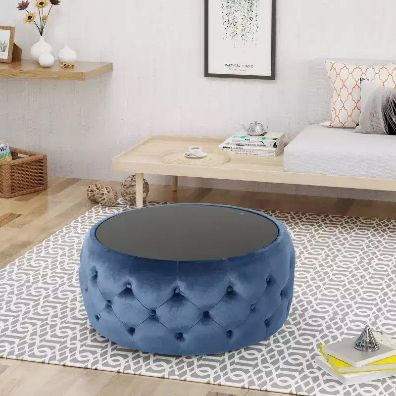 Pouf Tavolino Rotondo Glam – Velluto Blu con Piano in Vetro Temperato