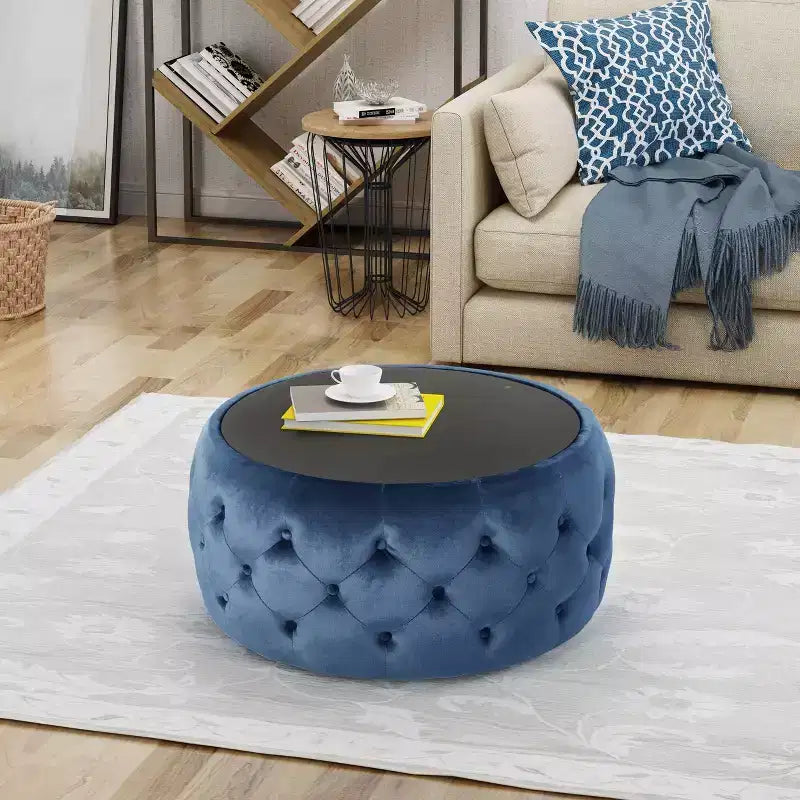 Pouf Tavolino Rotondo Glam – Velluto Blu con Piano in Vetro Temperato