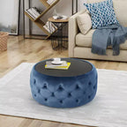 Pouf Tavolino Rotondo Glam – Velluto Blu con Piano in Vetro Temperato