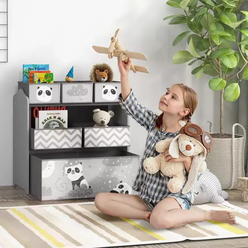 Organizzatore di giocattoli con 6 contenitori, unità di archiviazione per bambini per camera da letto, 63,5 x 30,5 x 66 cm