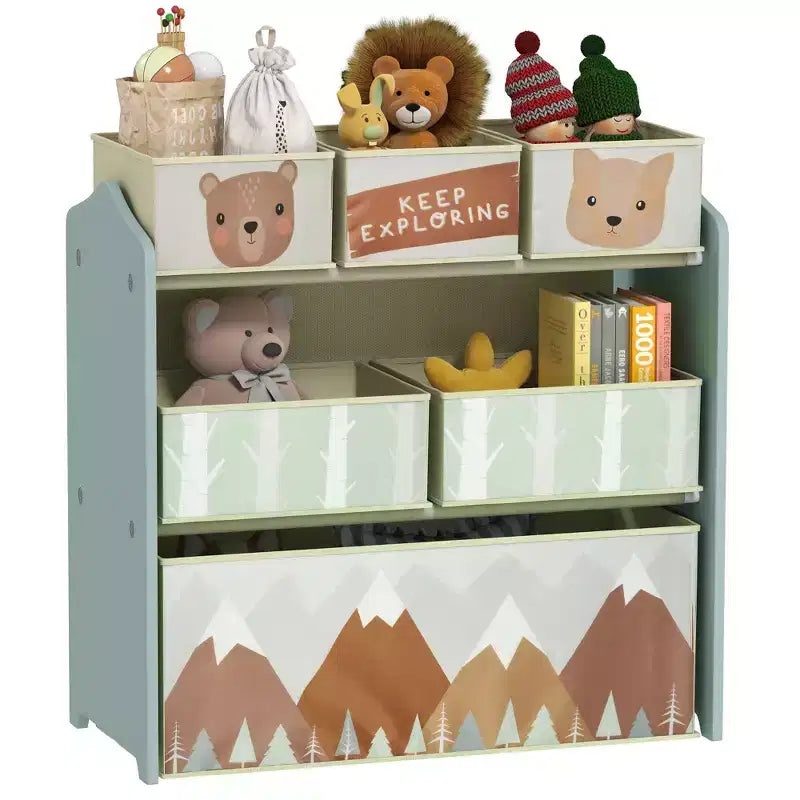 Organizzatore di giocattoli con 6 contenitori, unità di archiviazione per bambini per camera da letto, 63,5 x 30,5 x 66 cm
