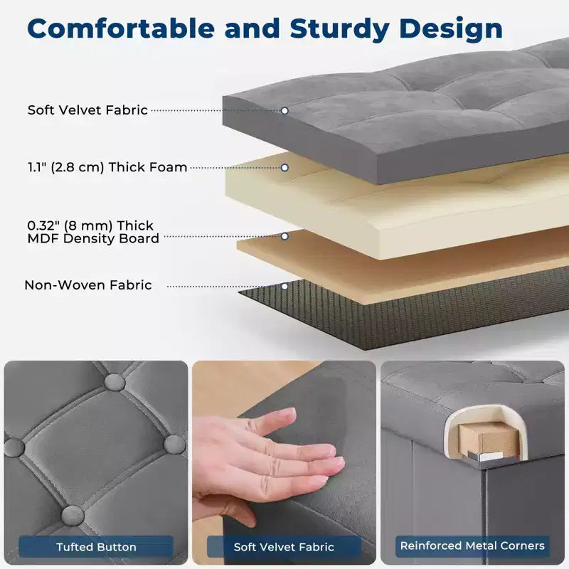 Panca Pouf Contenitore Pieghevole in Velluto da 43" con Cofanetto Giocattoli, Supporta fino a 300 kg