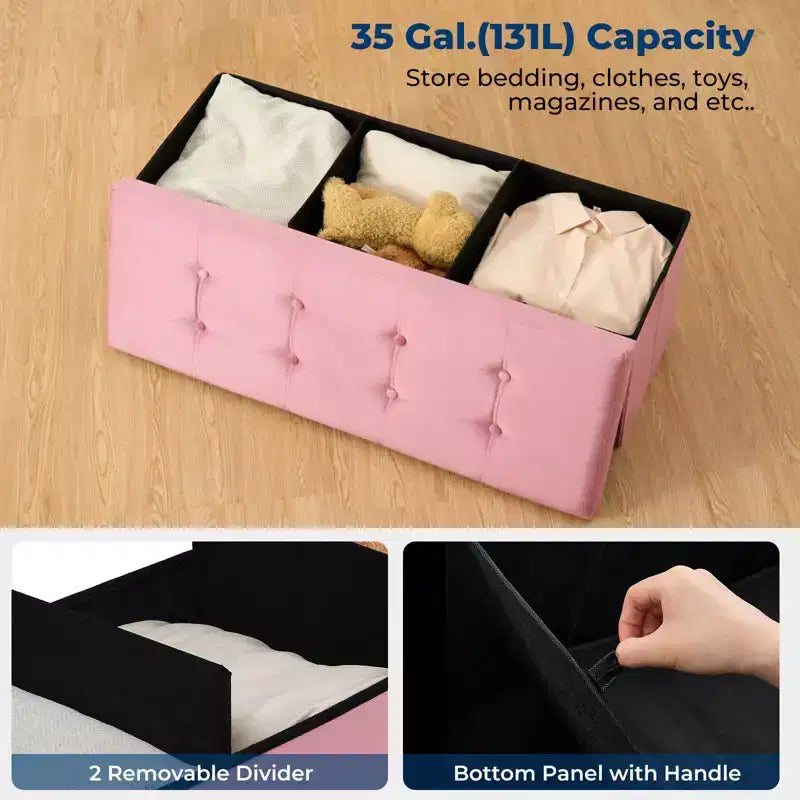 Panca Pouf Contenitore Pieghevole in Velluto da 43" con Cofanetto Giocattoli, Supporta fino a 300 kg