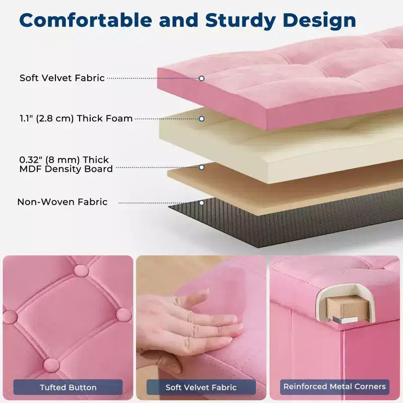 Panca Pouf Contenitore Pieghevole in Velluto da 43" con Cofanetto Giocattoli, Supporta fino a 300 kg