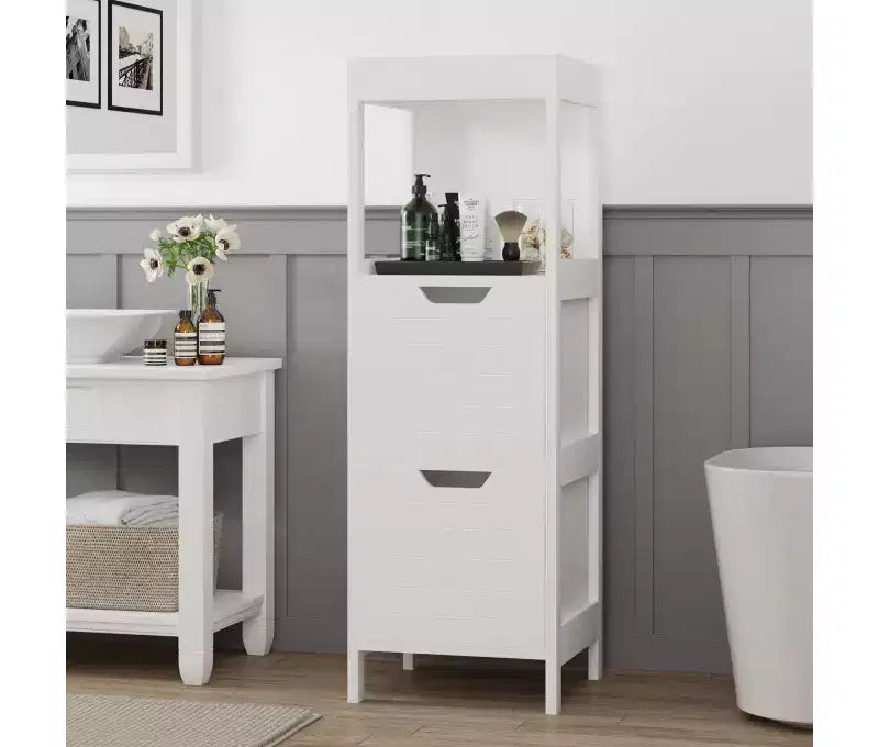 Mobiletto da Bagno in Legno Indipendente con Ripiani Regolabili e Cassetti Bianco