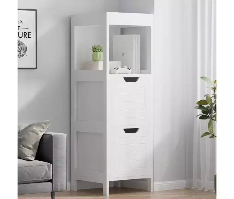 Mobiletto da Bagno in Legno Indipendente con Ripiani Regolabili e Cassetti Bianco