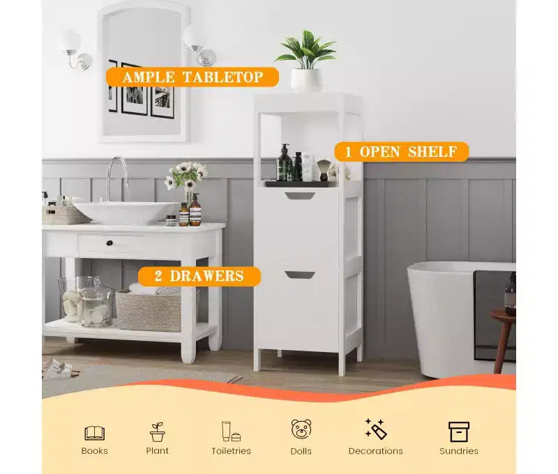 Mobiletto da Bagno in Legno Indipendente con Ripiani Regolabili e Cassetti Bianco